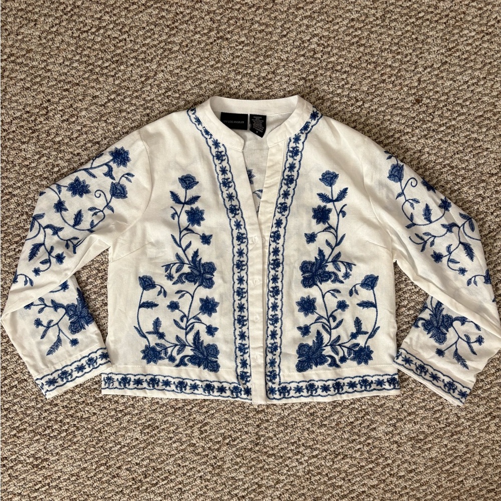 Floral Embroidered White and Blue Women's Blazer- Liv Los Angeles- M